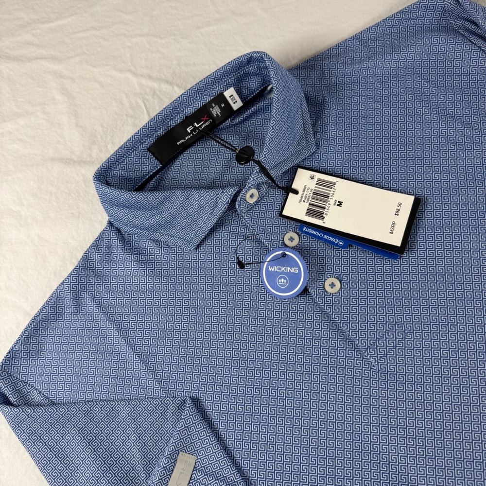 NWT RLX Ralph Lauren Men's Size M Blue Greek Key Performance‎ Golf Polo Shirt